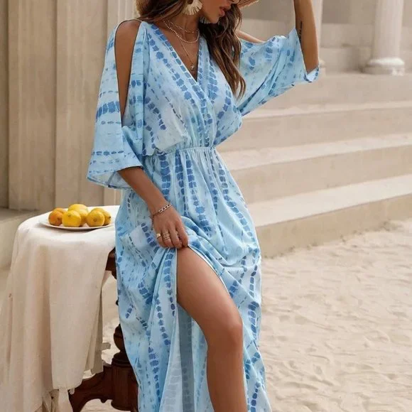 Boho Style Tie dye Cut out Sleeve thigh slit Maxi Dress BLUE - Picture 2 of 8